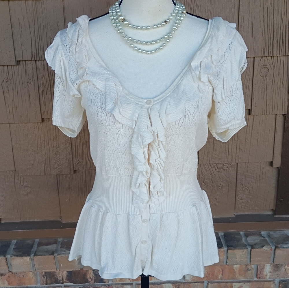 Bebe Ivory White Ruffled Knit Peplum Y2K Top